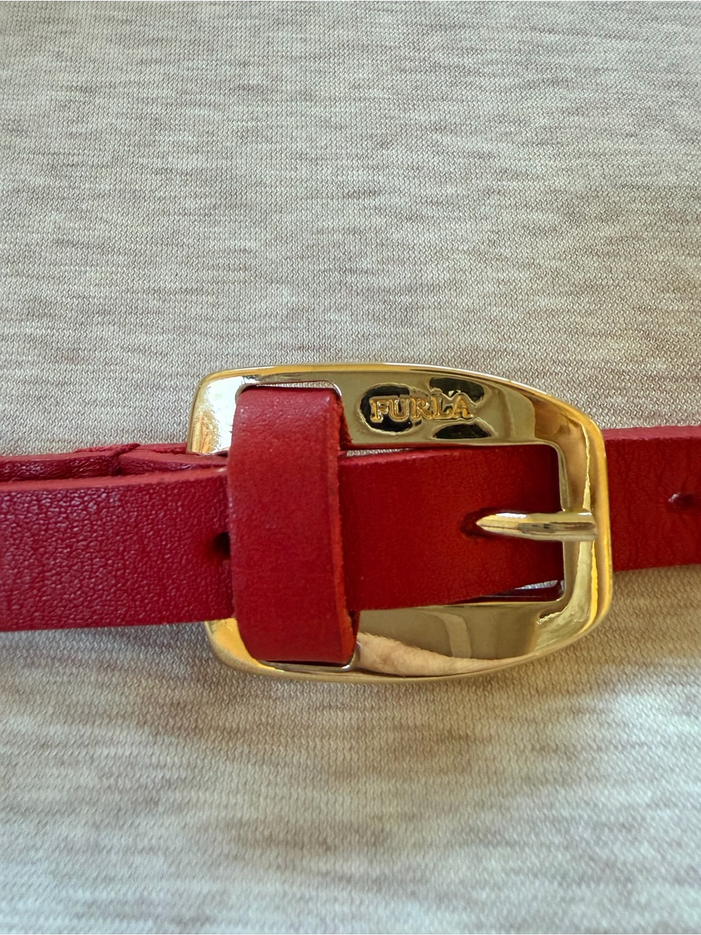 Red Furla Leather Slim Belt with Gold Buckle